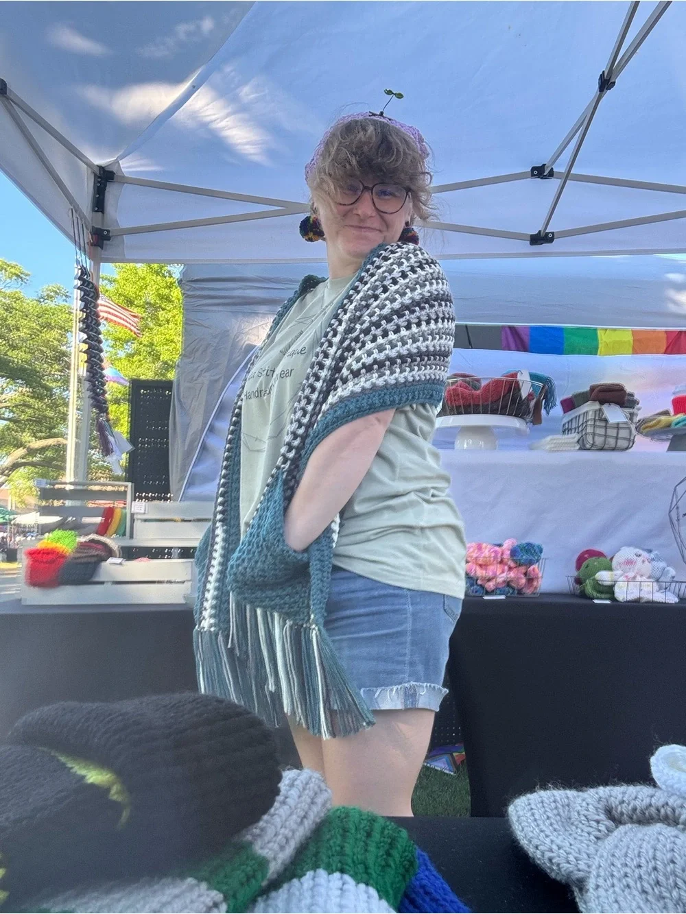 Handmade Teal & Gray Crochet Fringe Scarf Wrap
